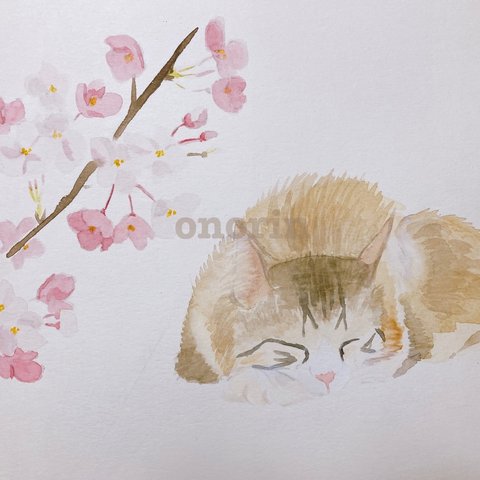 【原画】水彩画　桜とねこ