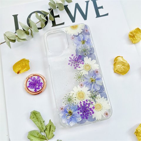 紫陽花押し花スマホケース、全機種対応、手帳型、四隅にショルダーホール、スマホリング、iPhone14、iPhone14plus、iPhone14Pro、GooglePixel7