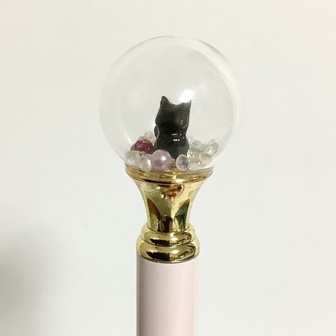 黒猫★ガラスドーム付きボールペン☆ピンク☆袋付き