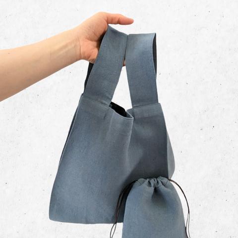 ベルギーリネン2点セット【サックス】 手提げバッグ  エコバッグ  巾着袋  おしゃれ  シンプル  ブルー  ギフト プレゼント