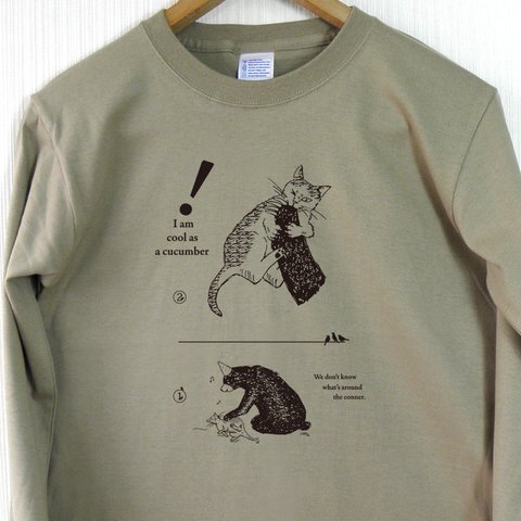 猫と熊 長袖Tシャツ （ユニセックス/カーキ）