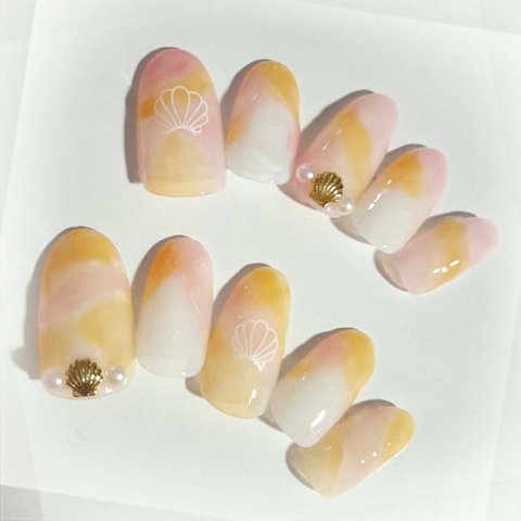 天然石ネイルOrange×Pink🐚