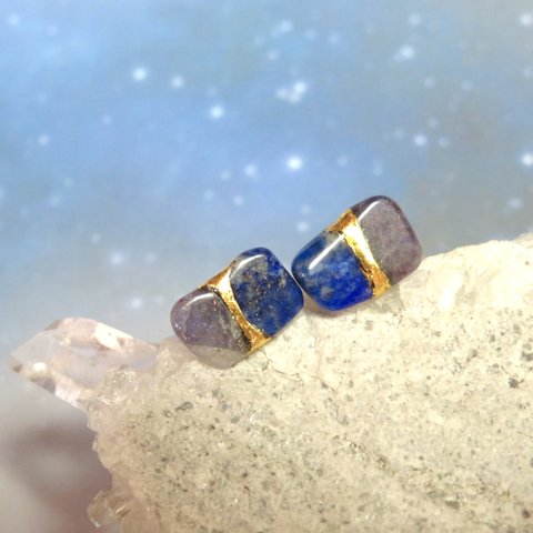 太陽系・天の川銀河＊Lapis lazuli× Iolite-sunstone＊金継ぎピアス／M size 