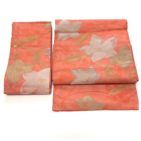 名古屋帯　作り帯　夏物　桔梗紋様　薄ピンク　正絹　六通柄　金糸　薄手　付け帯