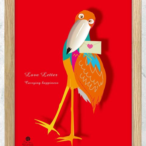 Loveポストマン　ハシビロコウ　イラスト　オリジナルポスター　A4 　アート　seiで検索　誕生日プレゼント　結婚祝い　贈りもの　赤　レッド　かわいい 　ハシビロコウ　鳥　m-33