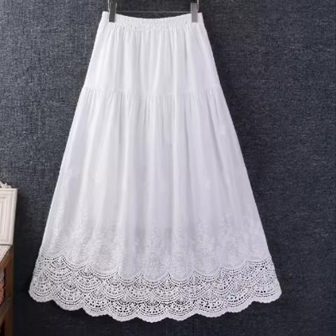 春服の新しい 甘美 透かし 刺繍 綿麻 純色のロングスカート
