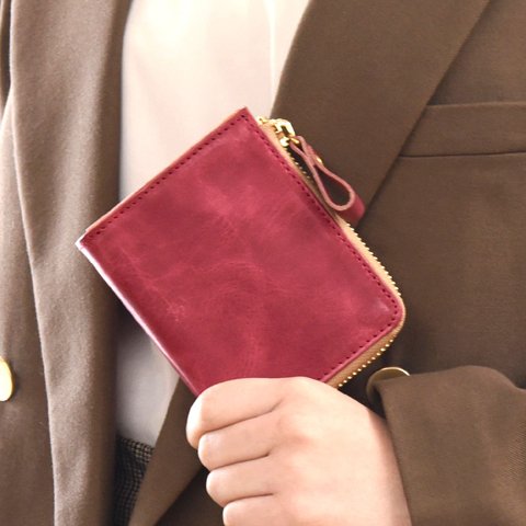 二つ折り財布 l字ファスナー 手に馴染む 本革 ミニ財布 小さい コンパクト 財布 ワインレッド JAW029