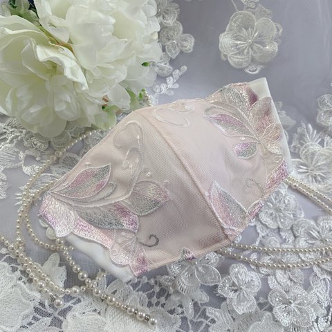 💎優しいパステルピンク上品チュールマスク🌸クレンゼ❇️レース　チュール　可愛い　花柄　チュール　【機能的マスク】抗菌マスク　夏マスク高島ちぢみ選べる