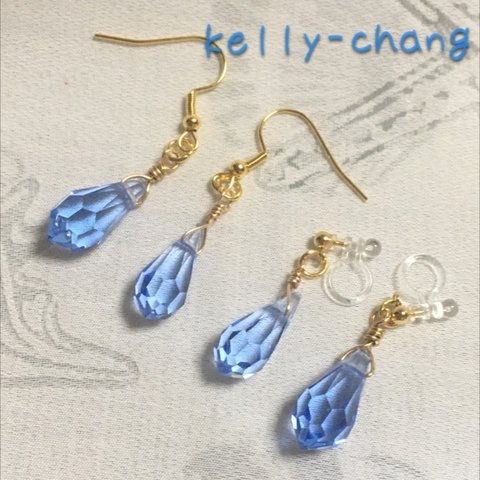 ライトブルーしずくファセットガラス💧ピアス・イヤリングゴールドカラー