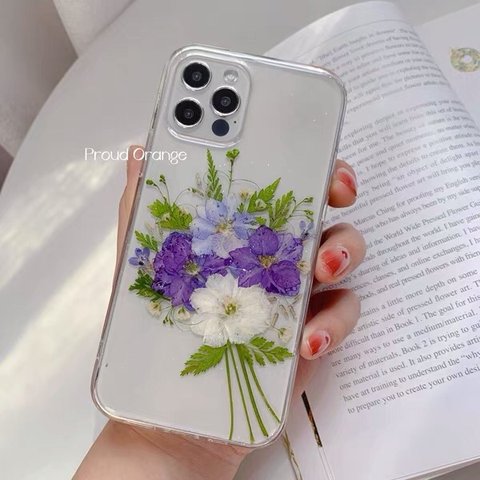 本物のお花 紫 ブーケ ドライフラワー 押し花 レトロ キラキラ スマホケース パープル