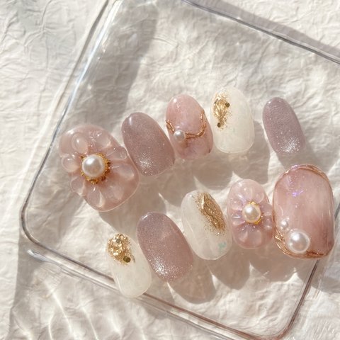 【期間限定2点ご注文で500円オフ】ネイルチップ/パープルネイル/お花ネイル