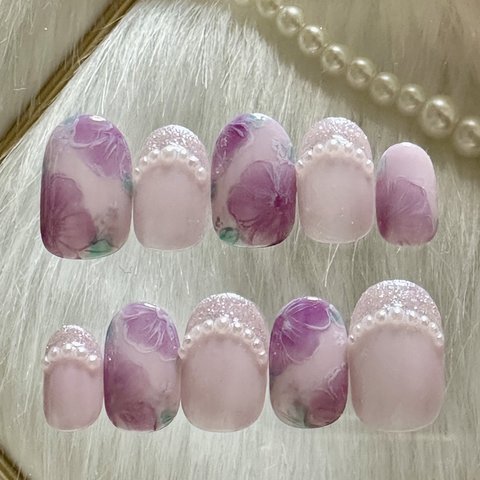 パープルネイルチップ ニュアンスフラワーデザイン【オーダー】