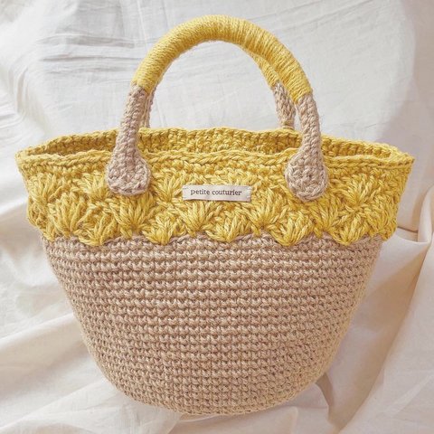 【春先取り】模様編みが可愛い＊麻ひもかごバック＊colour：ミモザカラー