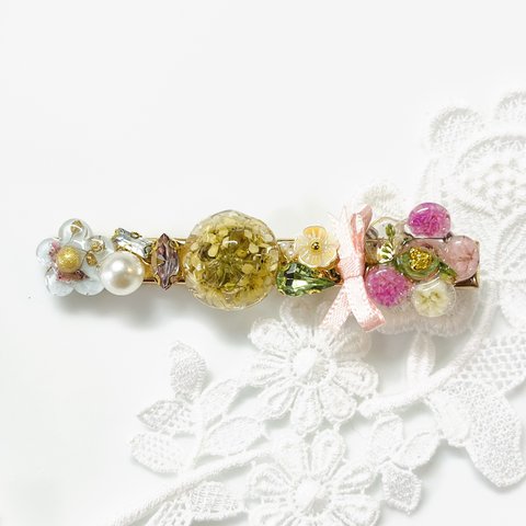 新作♡大人気シリーズ ハンドメイド レジン ヘアクリップ 花 リボン サーモンピンク