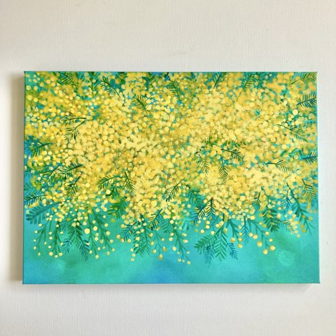 風に揺れるミモザ＊4号サイズ　絵画　原画　花　春　植物　風景画　