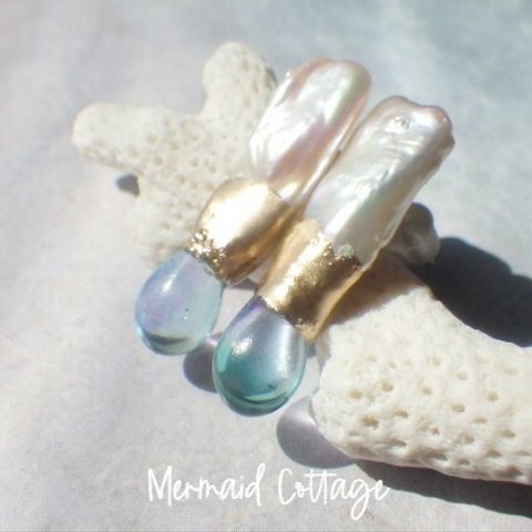 【受注制作品】*チタンポスト* Freshwater Keshi Pearl &Sunset Drop earrings ☆金継ぎ