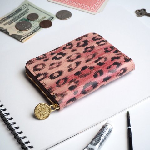 ラウンドファスナー コンパクト財布（レオパード）牛革 メンズ レディース 小さい財布 豹 ILL-1145