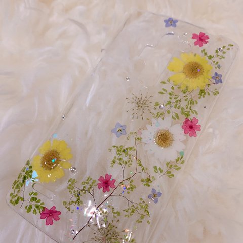 【全機種対応】押し花スマホカバー summer iPhone アンドロイド らくらくフォンその他機種すべて対応