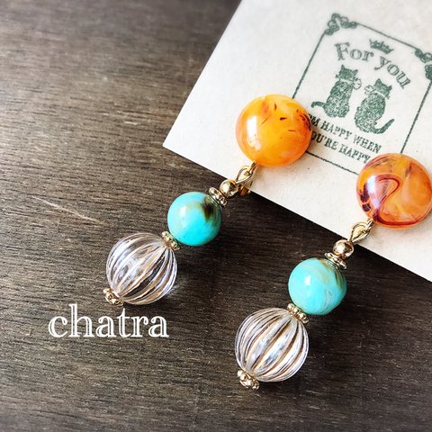 再販♡新作♡orange brown♡clearantique調ビーズのゆらりイヤリング