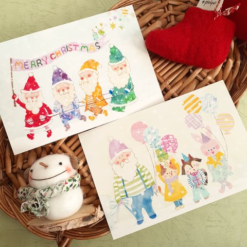 雪の日のサンタのクリスマスカード　2枚セット