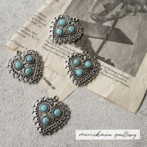 うりきり4個入)antique silver turquoise heart charm