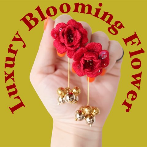 Luxury Blooming Flower『red』earring ｜刺繍アクセサリー｜立体刺繍