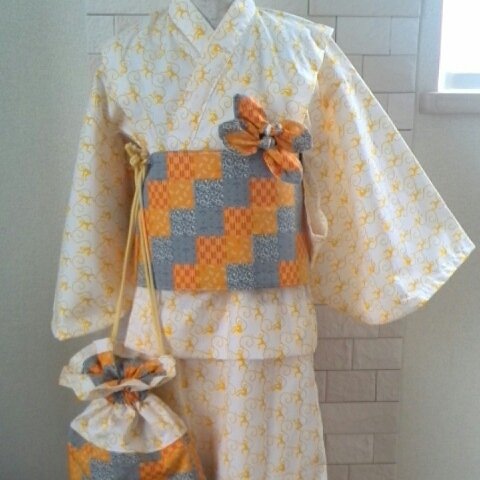 浴衣セット(飾り帯&巾着&髪飾りゴム)　110cm