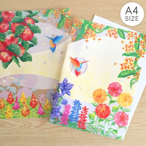 花とハチドリのクリアファイル A4サイズ お仕事やご家庭の書類整理に 花柄 秋 鳥 レトロ おしゃれ かわいい