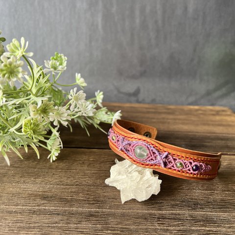 【Fluorite Macrame Leather Bracelet】フローライトのマクラメレザーブレスレット