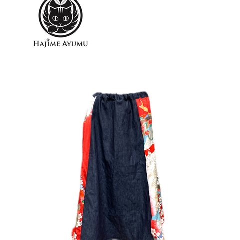 【現品1点限り‼︎】HAJIME AYUMU 高級和柄着物&岡山県産児島デニムデザインリメイクフレアスカート