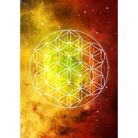 【額縁付】フラワー・オブ・ライフ☆ A4ポスター（イエロー＆オレンジ）神聖幾何学　