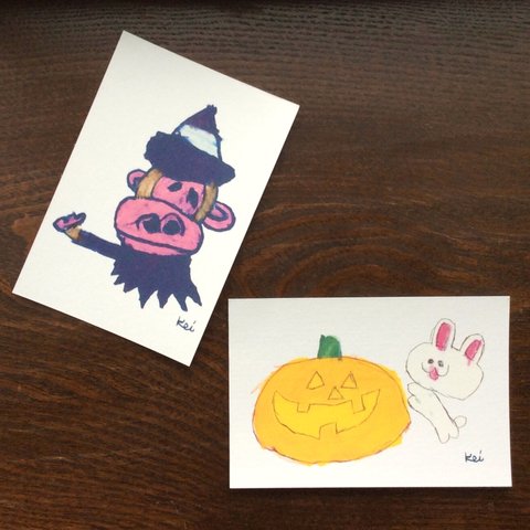 ワクワク♪ハロウィン🎃 オバケ大好き♡Ｋｅｉちゃんイラストポストカード２枚セット『おさるの魔法使い』『ハロウィンうさぎ』