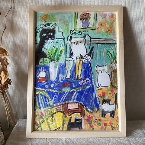 絵画 。手描き【花と食べ物でいっぱいのレストラン、猫たちの楽しいデートと遊び】