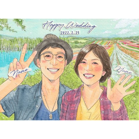 《こだわり背景》結婚・記念日お祝いの似顔絵【フレーム付】【水彩画】 2名様用-２Lサイズ