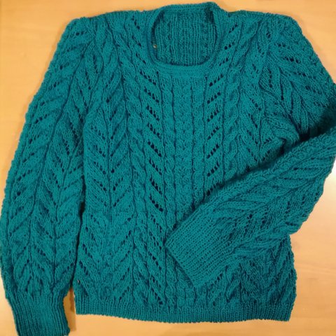 国産オーガニックウール100% ブルーグリーンの模様編みセーター
