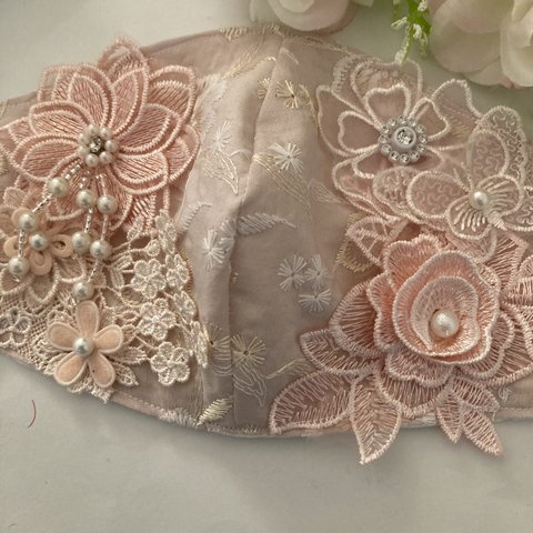 ✾不織布マスクが見えるカバーピンク花銀刺繍豪華ケミカルフラワーレース蝶々抗菌クレンゼ