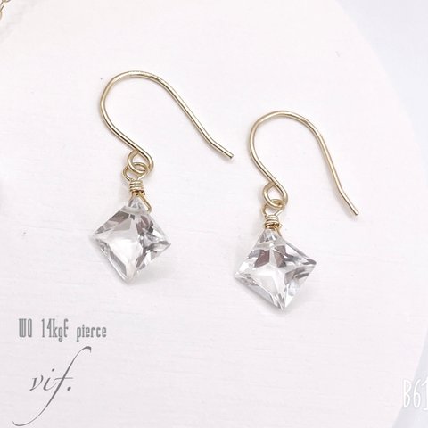 【年末30%off SALE】再販　14kgf  WQ ダイヤプリンセスカット　一粒ピアス　煌めき　イヤリング対応