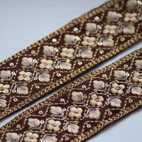 インド刺繍リボンᢂシルクリボン【ブラウン】刺繍リボン 刺繍リボン トリム ブレード ジャガードリボン チロリアンテープ レース チュールレース