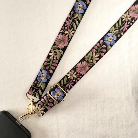 インド刺繍リボン スマホショルダー ショルダーストラップ ショルダーベルト ブラックピンクブルー