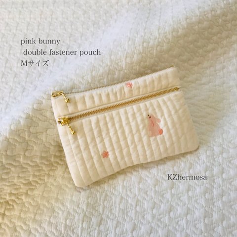 Mサイズ　pink bunny double fastener pouch ダブルファスナーポーチ　ヌビ　マスクケース