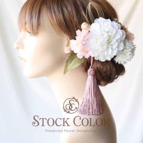 ダリアと八重桜のヘッドドレス ヘアアクセサリー(ホワイト)＊ウェディング 結婚式 成人式 白無垢 袴 和装小物 卒業式 髪飾り 成人式髪飾り 卒業式髪飾り 和装髪飾り 白無垢髪飾り 袴髪飾り 桜