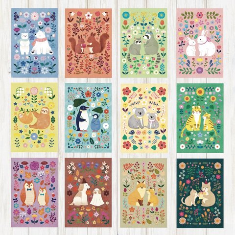 ポストカード　どうぶつ親子と季節の花(12枚セット)