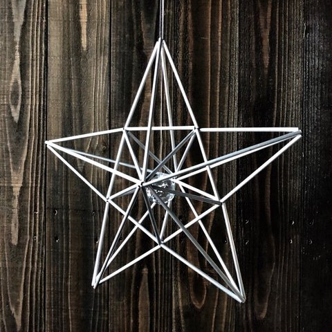 ヒンメリ「ペンタグラム　五芒星」小サイズ星型　野外使用可なアルミ製　オプションでサンキャッチャー　幾何学オブジェ　シルバー　クリスマスオーナメント