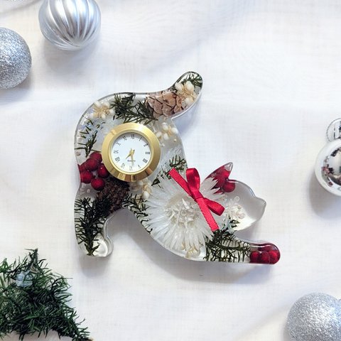 クリスマス　お正月　冬　時計　 ねこ時計　ネコ　 猫 　ねこ　クリスマスカラー ハーバリウム時計  ハーバリウム ドライフラワー   花時計   置時計　クリスマスギフト　クリスマスプレゼント