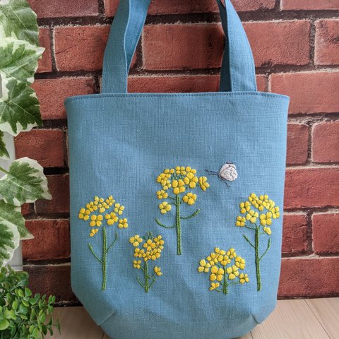 【手刺繍】菜の花の小さな手さげバッグ