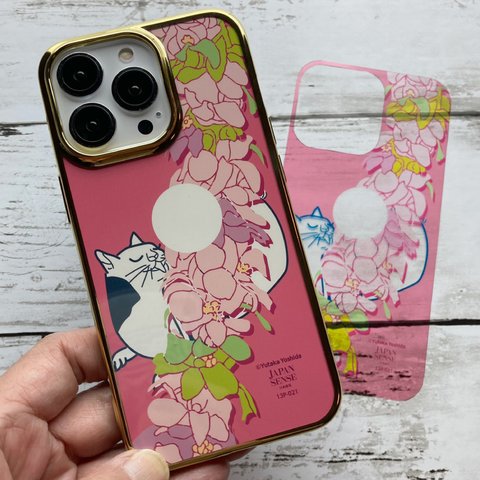 iPhone13Pro用浮世絵ネコさん＆ハワイアンフラワー3Wayメタリックバンパーソフトクリアケースセット・プルメリアレイ