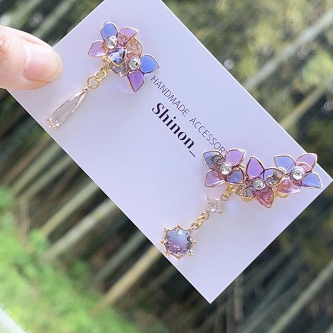 紫陽花 アシンメトリー イヤーカフ＆ピアス イヤリング セット