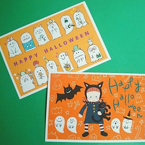 【再販】オレンジハロウィンポストカード　２枚セット