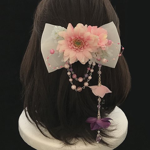 花の髪飾り　ヘッドドレス　ピンクガーベラ×スノーボール　発表会 七五三 お呼ばれ