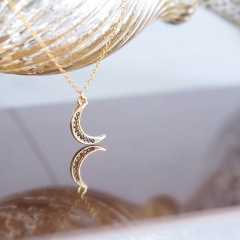 【14KGF】Necklace, Black CZ Crescent Moon 